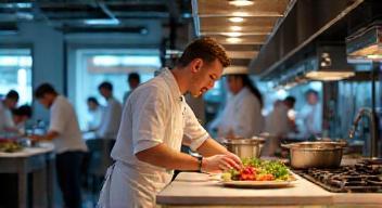 Smart kitchen event scene with chefs using digital appliances